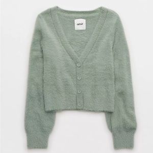 aerie green fuzzy cardigan